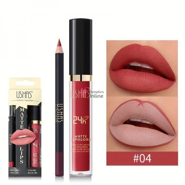 Gloss pentru buze USHAS Gloss Matt 24H cu 1 Creion pentru contur - UH04 Rose Cherry
